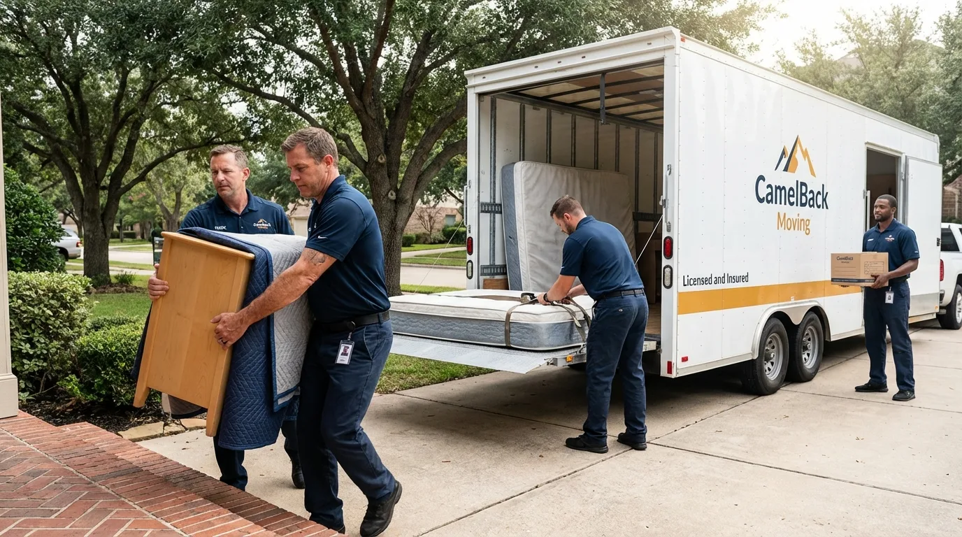 Crew loading residential truck for cross-state move from Hempstead, TX