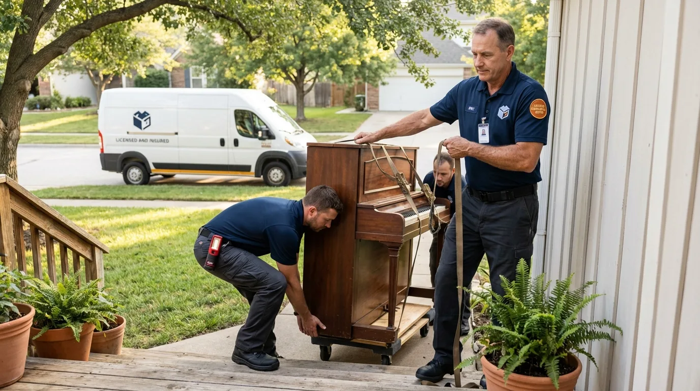 Licensed piano movers securing grand piano in Hempstead, TX