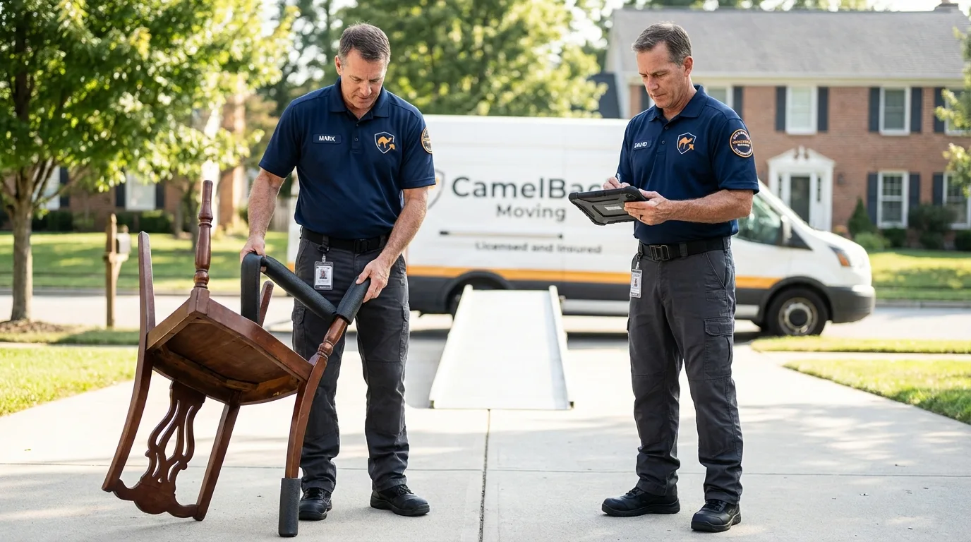 Movers inspecting furniture for damage prevention before loading in Hempstead, TX