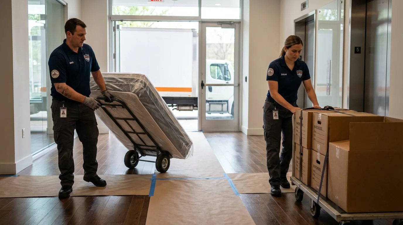 Professional apartment movers loading elevator in Hempstead, TX